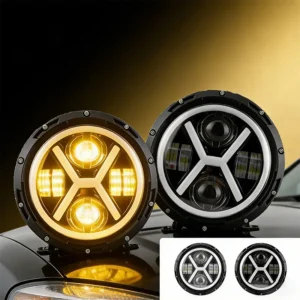 7 inch X-shaped LED headlight with amber white light and DRL for Wrangler style off-road vehicles and auxiliary lighting