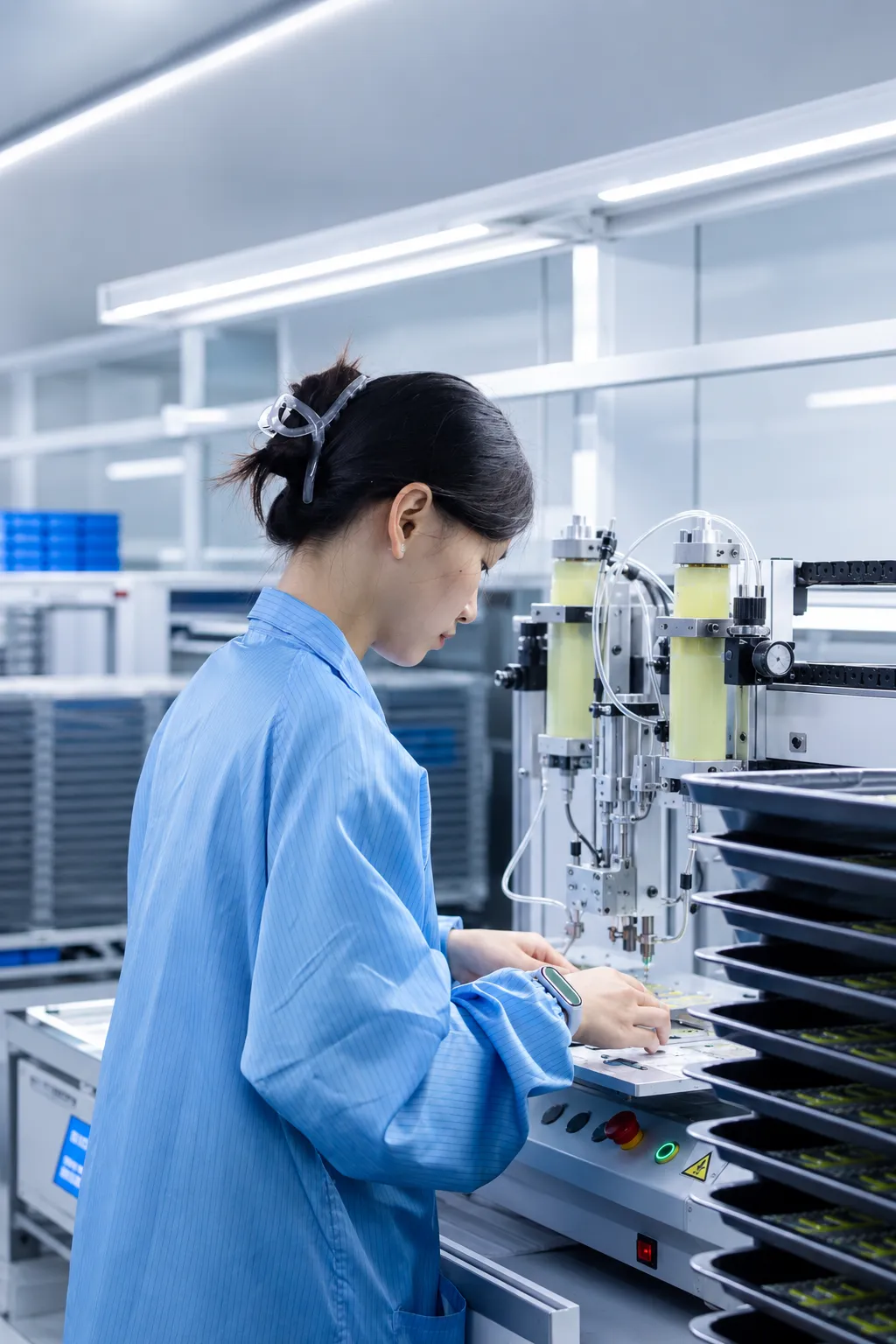 Technician working in a clean LED truck lighting factory for quality control and production